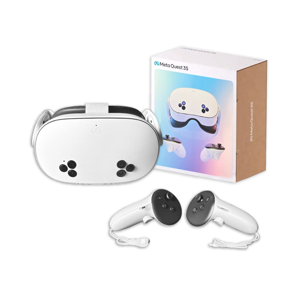 Meta Quest 3S VR/MR 頭戴裝置,搭載 Snapdragon XR2 Gen 2 晶片,支援全彩混合實境(MR),兼容 Meta Quest 3 遊戲與應用程式,128GB / 256GB 版本,2024 年 10 月 15 日正式發售。